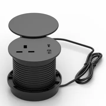 Mahmayi black recessed desk power socket with rotating cover showing AC outlet USB-A and USB-C ports and 1.5m cable exploded view
