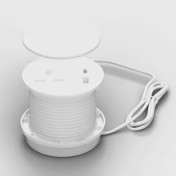 Mahmayi white recessed desk power socket with rotating cover open showing AC outlet and USB ports with 1.5m power cord