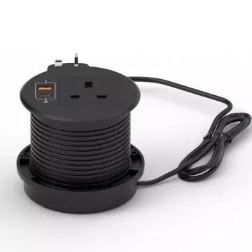 Mahmayi BST-YM012-A3 black recessed desk power strip with AC outlet USB-A and USB-C ports and 1.5m cord shown extended from base