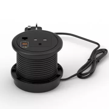 Mahmayi black round recessed desk power socket with AC outlet USB-A USB-C and LAN port shown standalone with power cord