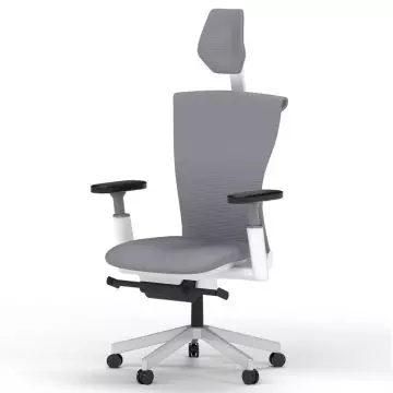 Gray ergonomic office chair with adjustable armrests  headrest  and a five-wheel base.