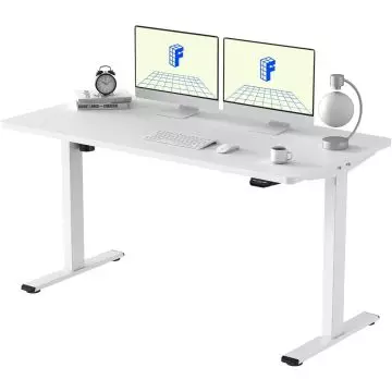 White electric standing desk with dual monitors and T legs