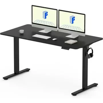 Black adjustable standing desk with dual monitors  keyboard  mouse  cup  notebook  and headphone hook attached to the side.