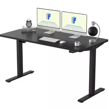 black electric standing desk with dual monitors and accessories