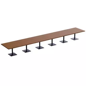 long modular dark walnut table with black square pedestal bases