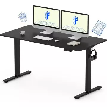 Black height-adjustable standing desk with dual monitors  keyboard  mouse  notebook  coffee cup  and headset hook.
