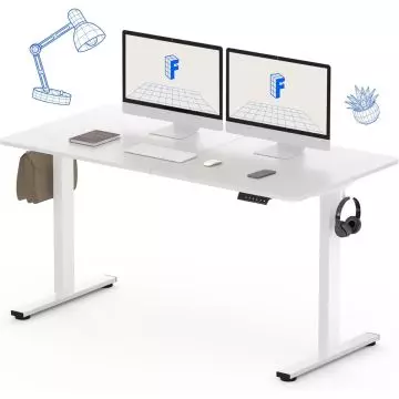 White electric standing desk with dual monitors and side hooks