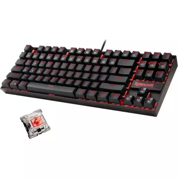 Redragon K552 tenkeyless mechanical gaming keyboard with red LED backlight and exposed red switch beside it