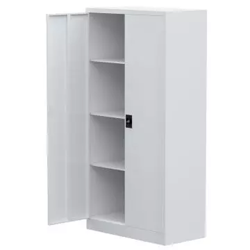 White steel cupboard open with adjustable shelves and lock