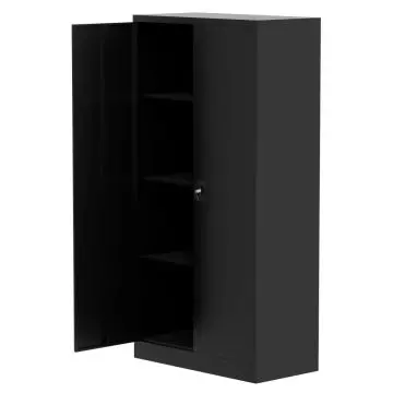Black steel full height cupboard with one door open showing shelves and lock