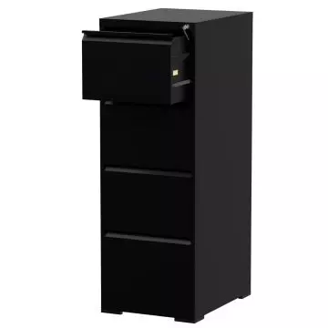 black steel four drawer filing cabinet with open top drawer