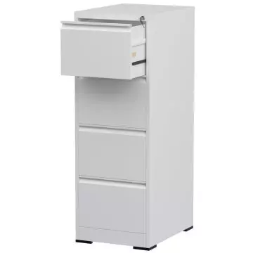 White 4 drawer steel filing cabinet with top drawer open and central lock