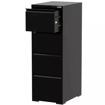 black 4 drawer filing cabinet with top drawer open and digital lock