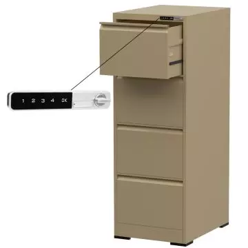Beige four drawer steel filing cabinet with open top drawer and touchscreen keypad lock