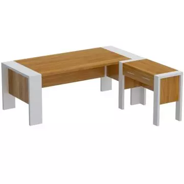Light walnut and white L shaped executive desk with two drawer return