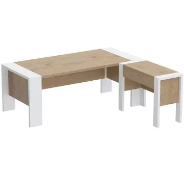 Two tone L shaped executive desk with white legs and wood grain top