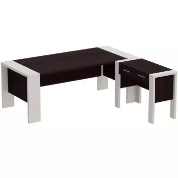 L shaped executive desk in dark walnut and white with return and drawers