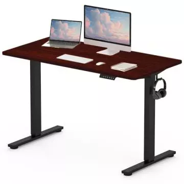 Apple Cherry standing desk with black frame LED panel and headphone hook
