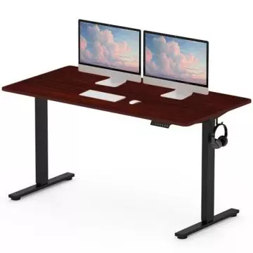 Adjustable standing desk with dark wood top  black metal legs  dual monitors  keyboard  mouse  and headphone hanger.