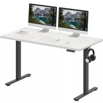 White adjustable standing desk with black legs  featuring dual monitors  keyboard  mouse  book  and headphone holder.