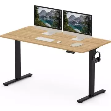 Adjustable standing desk with a light wood top  black metal legs  and built-in cable management  featuring dual monitors  a keyboard  and headphones.
