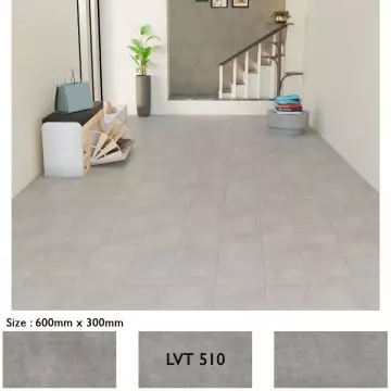 Mahmayi Stonehenge LVT 510 Oak Seaweed flooring planks laid in a modern home entryway showing light grey stone-look finish with 600mm x 300mm plank size callout
