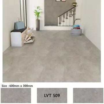 Stonehenge LVT 509 Aqua Wood flooring installed in a modern entryway with staircase showing 600x300mm plank size and stone-effect finish