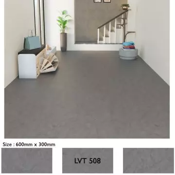 Mahmayi Stonehenge LVT 508 Danish Grey flooring planks installed in a modern hallway entrance with staircase showing 600mm x 300mm plank size and surface texture swatches