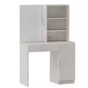 White marble finish vanity dresser with left mirror open shelves drawer and right cabinet