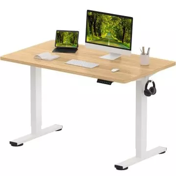 Adjustable standing desk with a light wood top and white metal legs  featuring a monitor  keyboard  tablet  book  pen holder  and headphones.