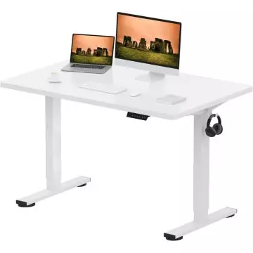 White electric standing desk with monitor laptop and headphone hook