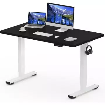 Black adjustable standing desk with white legs  featuring a desktop setup including a monitor  laptop  keyboard  mouse  and headphones.