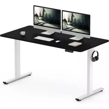 Black top standing desk with white legs dual monitors and headphone hook