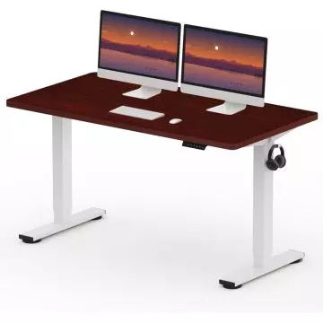 Mahogany electric standing desk with white frame dual monitors and headphone hook
