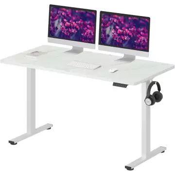 Marble effect electric standing desk with white frame dual monitors and headphone hook