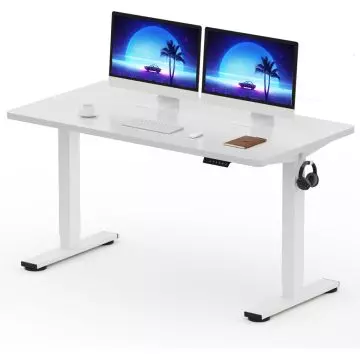 White electric standing desk with dual monitors and headphone hook