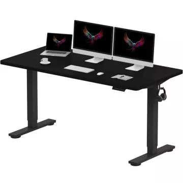 Charcoal black electric standing desk with dual monitors and laptop