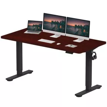 Mahogany electric standing desk with black steel frame and memory keypad