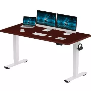 Mahogany and white electric standing desk with dual monitors and headphone hook