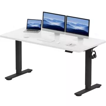 White adjustable standing desk with black legs  equipped with two monitors  a laptop  keyboard  mouse  headphones  and a coffee cup.