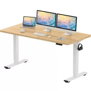 Electric standing desk with coco bolo top and white frame with dual monitors and laptop
