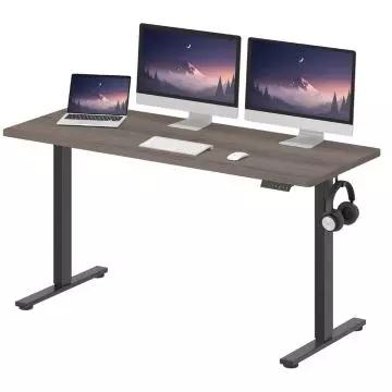 Adjustable standing desk with a dark wood finish  black metal legs  dual monitors  laptop  keyboard  mouse  and headphones hanging on the side.