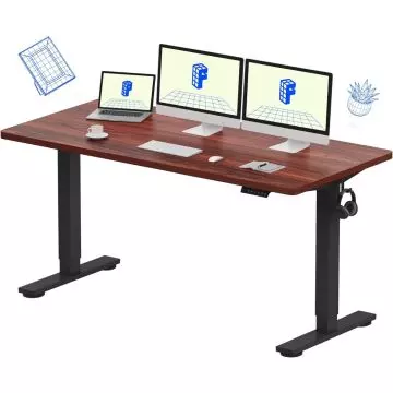 Mahogany electric standing desk with black legs and monitors