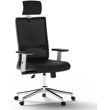 Mahmayi SL 518 black mesh office chair with white frame headrest adjustable armrests and chrome five-star base on white background