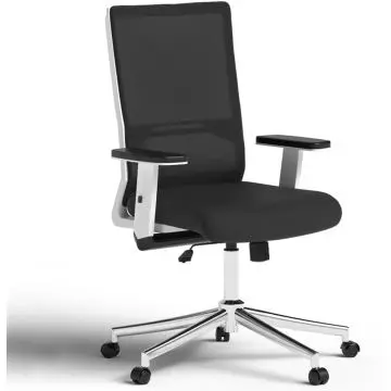 Mahmayi SL 518 low back mesh office chair in black and white with chrome base and adjustable armrests on white background