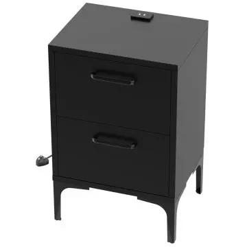 black two drawer nightstand with USB charging port on top