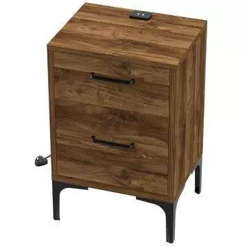 Dark oak two drawer nightstand with USB port and black legs
