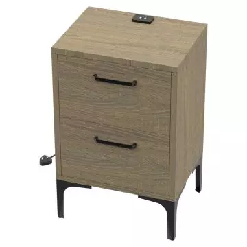 Grey Bardilano Oak nightstand with two drawers black legs and top USB port