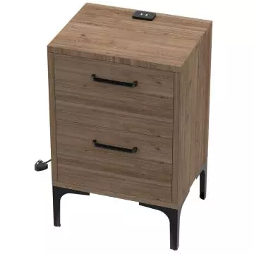 oak finish nightstand with two drawers black legs and USB port on top