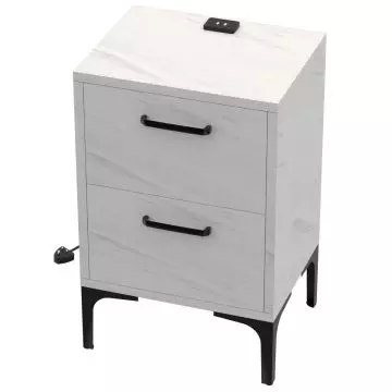 white marble effect two drawer nightstand with USB port and black legs